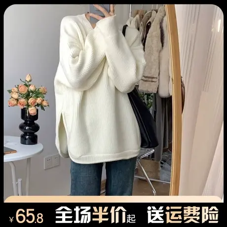 艺术生奶乖开叉毛衣女秋冬季2023新款宽松慵懒风温柔针织上衣百搭图片