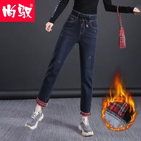 尚驭加绒牛仔裤女高腰垮裤松紧腰哈伦裤2023冬季新款弹力老爹裤女图片