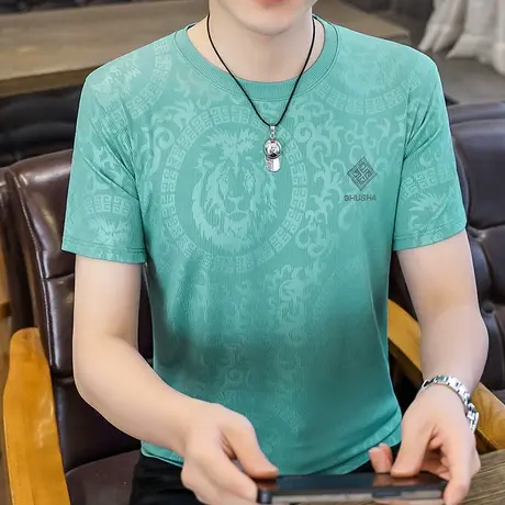 冰氧吧短袖T恤男士夏季冰丝体恤2023新款圆领薄款男装衣服潮牌ins商品大图