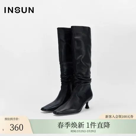 INSUN恩裳秋季真皮褶皱方头中高跟皮靴图片