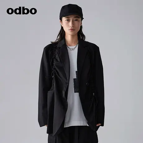 odbo/欧迪比欧时尚设计感黑色小西装外套女春季新款抽褶西服外套商品大图