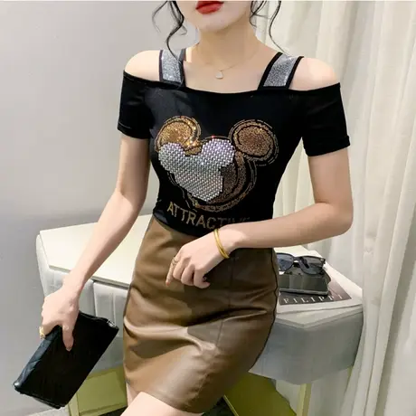 时尚双层冰丝烫钻T恤女短袖性感一字领网纱上衣紧身气质打底衫潮图片