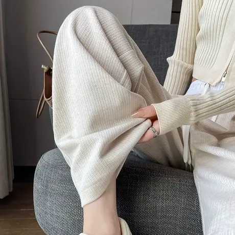 糯米阔腿裤女春秋2024年新款高腰垂感窄版杏色直筒显瘦慵懒拖地裤商品大图