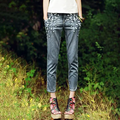 【预】裂帛小众设计感复古水洗烟管裤女夏民族风花朵刺绣牛仔裤女图片