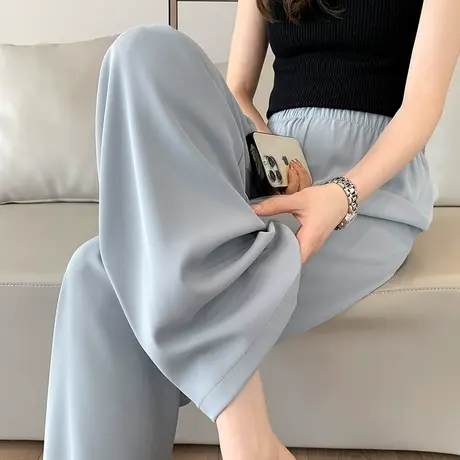 浅蓝色西装阔腿裤女春夏薄款宽松直筒休闲小个子高腰垂感拖地裤潮图片