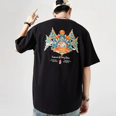 中国风夏季宽松休闲京剧脸谱刺绣短袖T恤男士国潮半截袖上衣潮牌商品大图