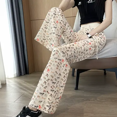 休闲抽绳微喇卫裤女春夏新款高腰显瘦小狗印花修身直筒拖地喇叭裤图片