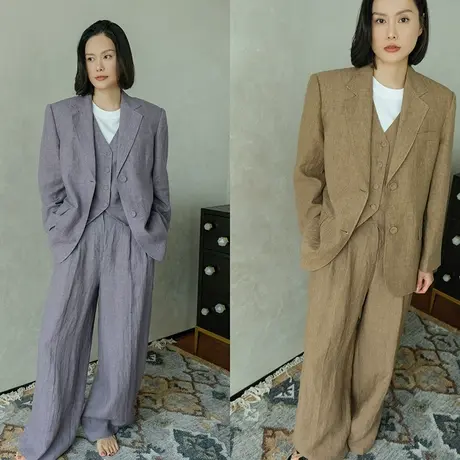 2024春夏新款高级感西服短袖宽松显瘦外套通勤复古亚麻西服上衣女图片