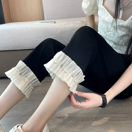 黑色九分西装裤女2024春夏款高腰显瘦撞色拼纱小个子休闲裤直筒裤图片