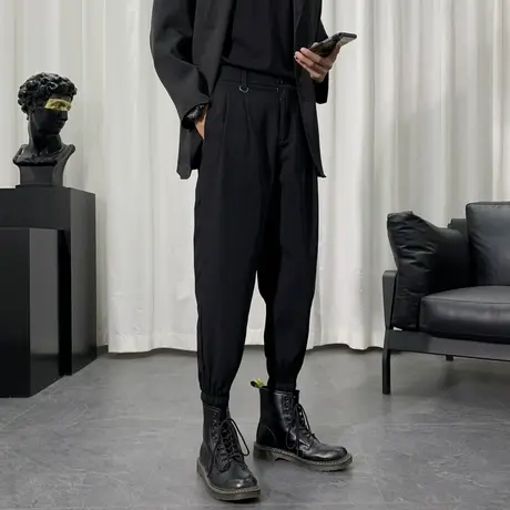 韩版男士靴裤秋季西裤潮牌宽松束脚配马丁靴的裤子九分哈伦休闲裤商品大图