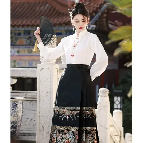 黑色新中式轻国风马面裙套装2024新款秋冬季小个子上班穿明制汉服商品大图