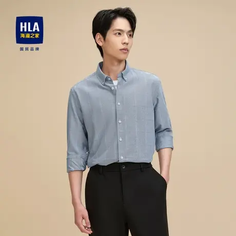 【易打理】HLA/海澜之家宽松休闲衬衫23秋季新格纹扣领尖领衬衣男商品大图