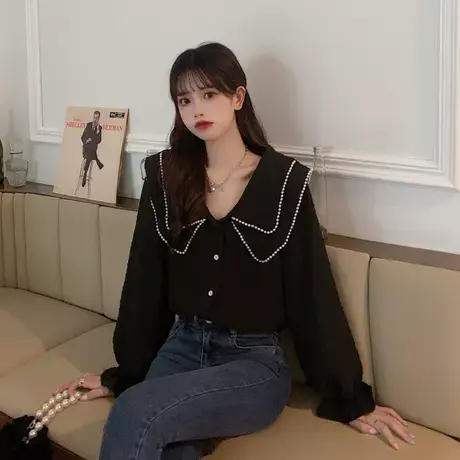 胖mm春秋大码微胖女生显瘦娃娃领长袖衬衫上衣遮肚子小衫200斤潮商品大图