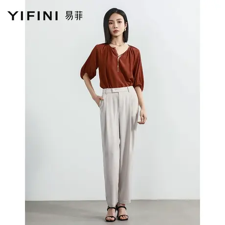 Yifini/易菲宽松休闲直筒小脚裤女2023夏季新款黑色百搭简约西裤商品大图