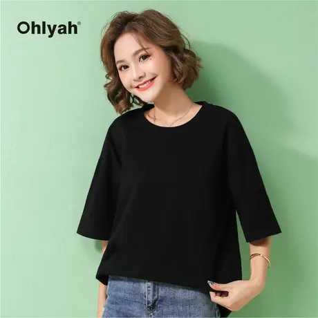 Ohlyah品牌 2023春夏短袖T恤女中长款上衣纯棉宽松黑色体恤打底衫商品大图