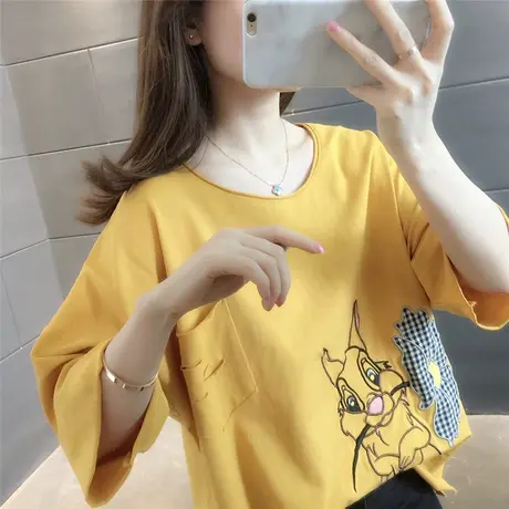 2023新款女潮夏季百搭短袖T恤女宽松卡通动漫刺绣松鼠设计感上衣图片
