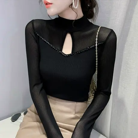 半高领打底衫女秋冬2023新款性感镂空钉珠长袖T恤加绒内搭上衣潮商品大图