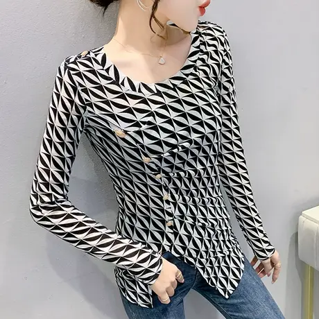 开叉网纱T恤女长袖2023春装新款不规则修身打底衫欧货辣妹上衣潮图片