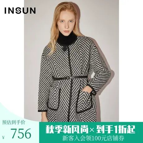 恩裳COVER冬季2022时尚黑色镶边舒适百搭绵羊毛人字纹外套女图片