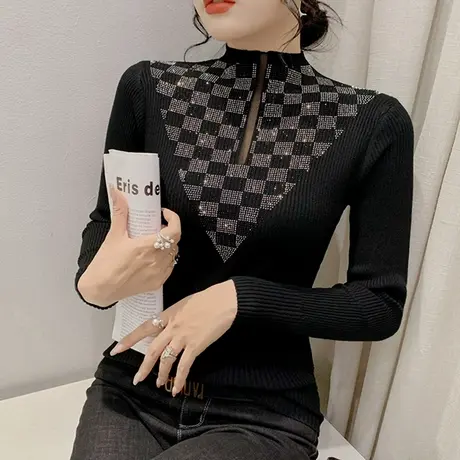半高领打底衫女秋冬时尚烫钻性感镂空针织衫洋气紧身套头毛衣长袖商品大图