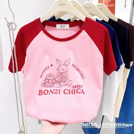 甜酷辣妹短款上衣2023夏款韩版别致复古美式兔子插肩袖T恤小个子图片