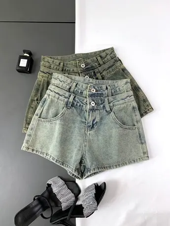 复古水洗两粒扣高腰牛仔阔腿热裤女夏季小个子宽松阔腿A字短裤子商品大图