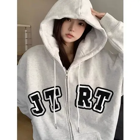 美式复古hiphop卫衣女2023春秋宽松慵懒风连帽小个子薄款开衫外套图片
