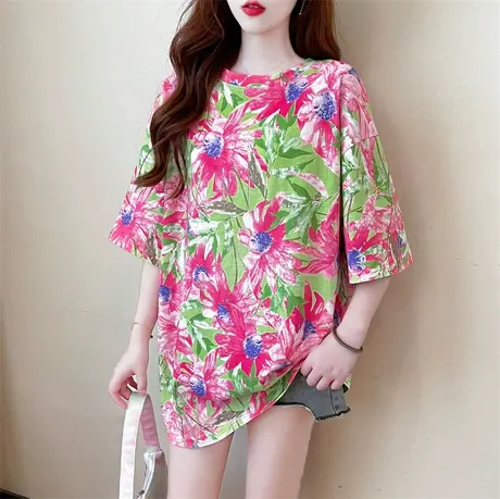 粉色t恤女短袖宽松2023新款夏季欧货大版中长款半袖上衣打底衫商品大图