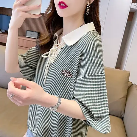 设计感短袖t恤女2023新款夏季韩版宽松纯棉条纹polo领短款上衣服图片