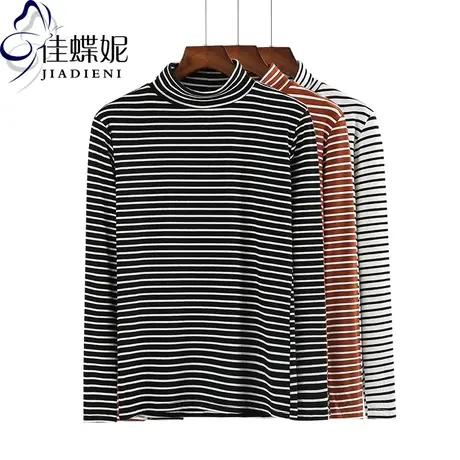 秋冬季新款韩版修身高领条纹T恤长袖女装休闲打底衫体恤上衣纯白商品大图