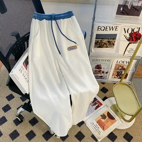 华夫格阔腿裤子女春秋季薄款宽松慵懒风休闲运动束脚直筒裤小个子图片