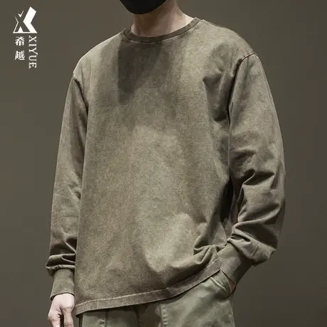 希越美式复古长袖t恤男纯色单衣2023秋冬新款男生宽松大码打底衫商品大图