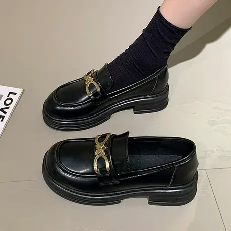 厚底乐福鞋女2023春秋新款一脚蹬复古英伦风小皮鞋软底中跟单鞋女图片