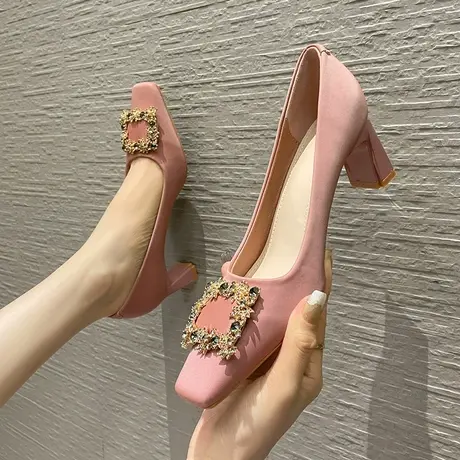 方头粗跟高跟鞋女新款2023年夏季水钻方扣法式单鞋不累脚粗跟图片