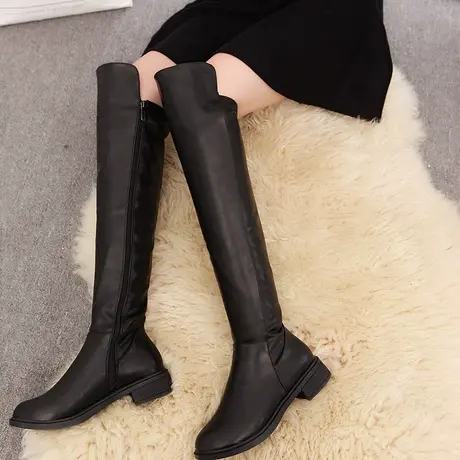 长筒靴过膝女冬保暖显瘦时尚2023粗跟皮靴春秋中跟拉链高筒单靴女商品大图
