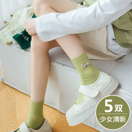绿色袜子女春秋款中短筒潮棉袜女孩大童学生配皮鞋小白鞋乐福鞋的商品大图