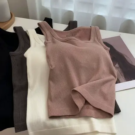 绵羊毛带胸垫背心女23秋冬修身显瘦舒适内搭毛圈棉U领吊带打底衫图片