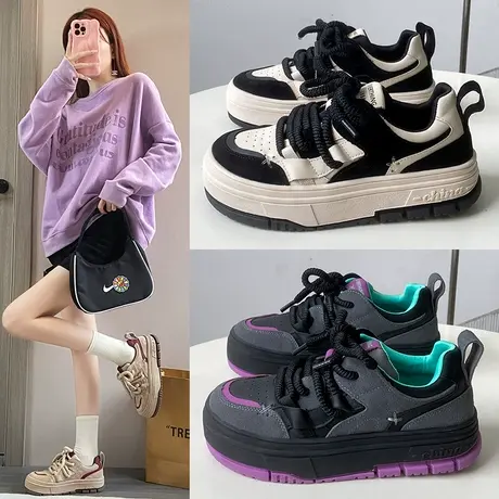 厚底板鞋女款2024春秋新款复古运动休闲鞋子女鞋百搭面包鞋小白鞋图片