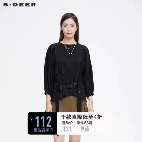 sdeer圣迪奥女装春装圆领压褶收腰飘带黑色长袖衬衫S21360529🕡商品大图