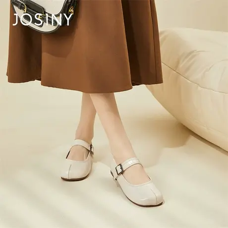 Josiny/卓诗尼玛丽珍鞋女2024新款春季粗跟白色一脚蹬厚底小皮鞋商品大图