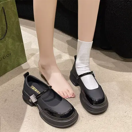 玛丽珍鞋女2024春秋水钻百搭ins粗跟中跟单鞋防滑爆款法式小皮鞋商品大图