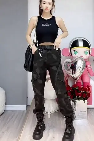 2023秋季新款小个子迷彩休闲工装裤宽松束脚裤九分裤时尚哈伦裤女商品大图