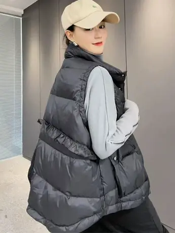 2023新款羽绒棉马甲女复古文艺宽松大码立领大口袋木耳边坎肩背心图片