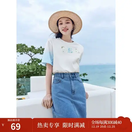 茵曼清新休闲T恤2023夏女装新款圆领短袖晕染贴布绣印花宽松上衣商品大图