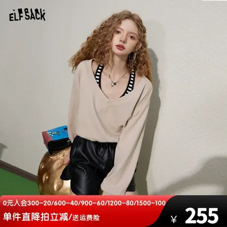 妖精的口袋假两件套头卫衣女2024春秋新款v领无帽薄款长袖上衣潮图片