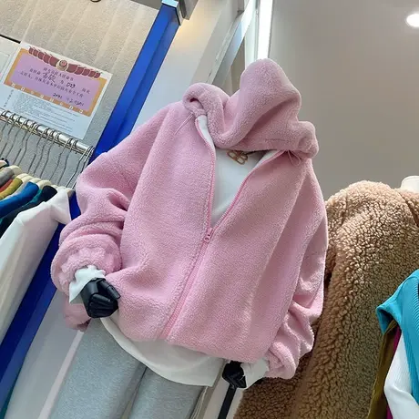 韩国东大门秋冬新款宽松百搭洋气纯色拉裢连帽毛毛加厚外套女图片