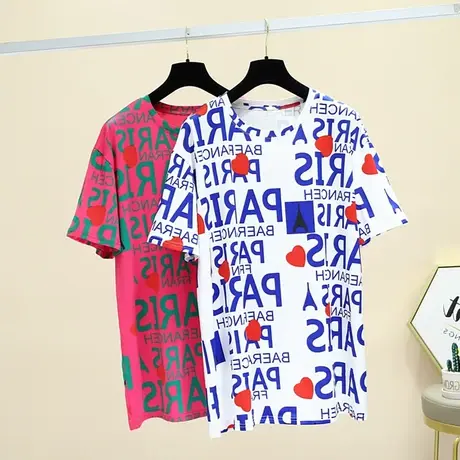 2023夏季新款情侣女装大码上衣服chic早秋中长款宽松短袖t恤潮ins商品大图
