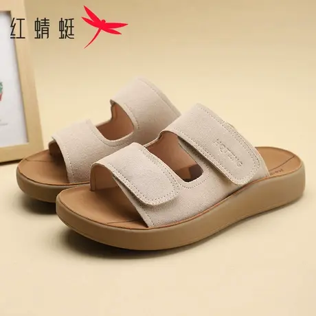 红蜻蜓女鞋2025夏季新款真皮休闲外穿厚底沙滩凉鞋魔术贴女款拖鞋图片