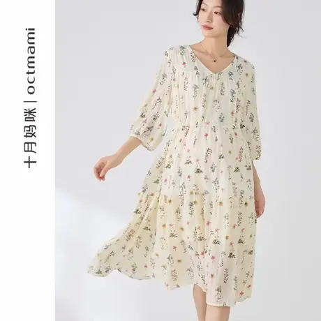 十月妈咪孕妇花边泡泡袖连衣裙2025新款夏季薄款外穿中长裙夏装图片