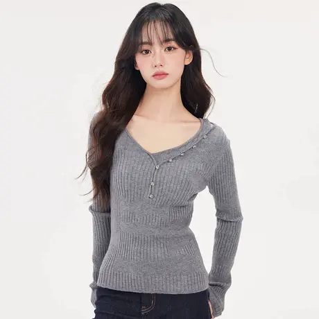 尔给秋季设计感v领针织衫女时尚长袖百搭修身显瘦套头短款上衣商品大图